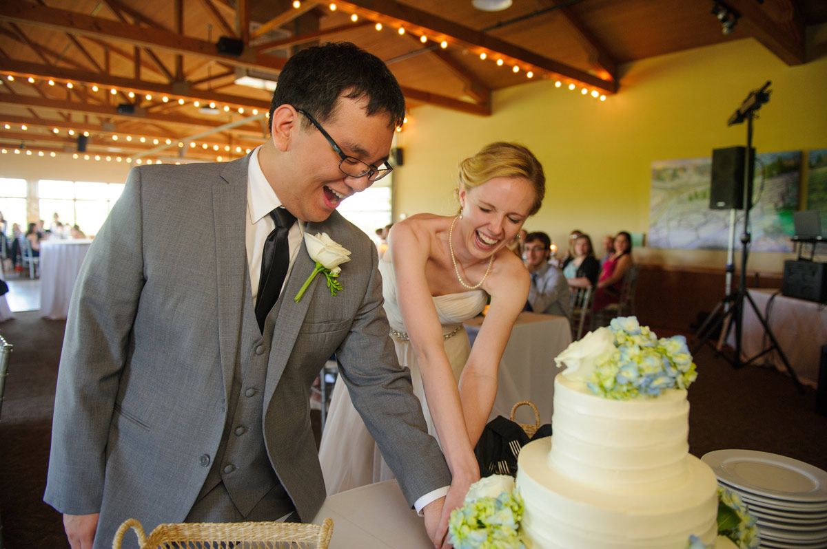 The couple cutting the cake